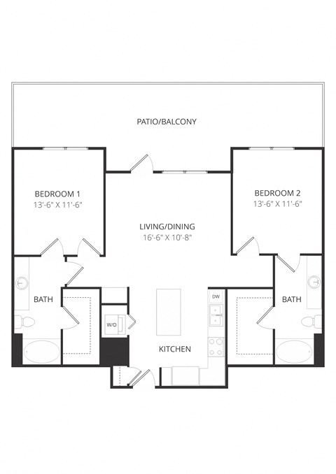 Floor plan for 2 beds, 2 baths, 1168 sqft